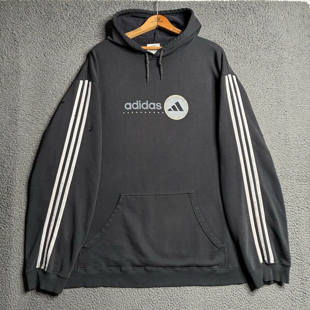 Vintage Y2K Adidas Hoodie Sweatshirt Pullover USA Black Faded Grunge XL Burnout